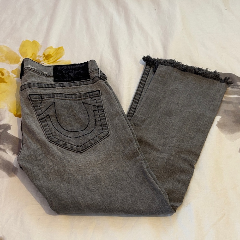 True Religion Gray Raw Hem Straight Jeans